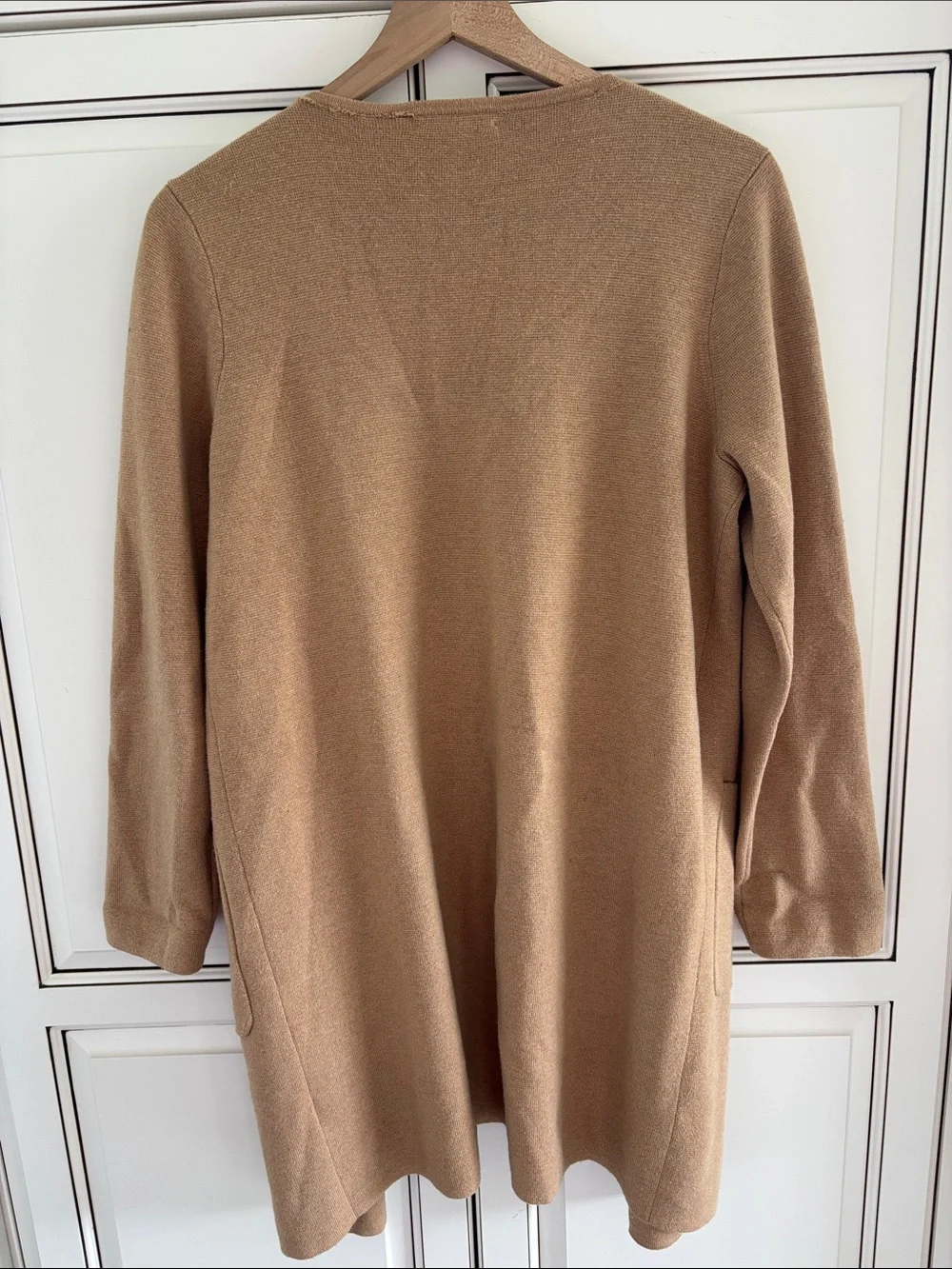 J Crew Merino Wool Cotton Open Front Long Cardigan Sweater Camel Tan Women M